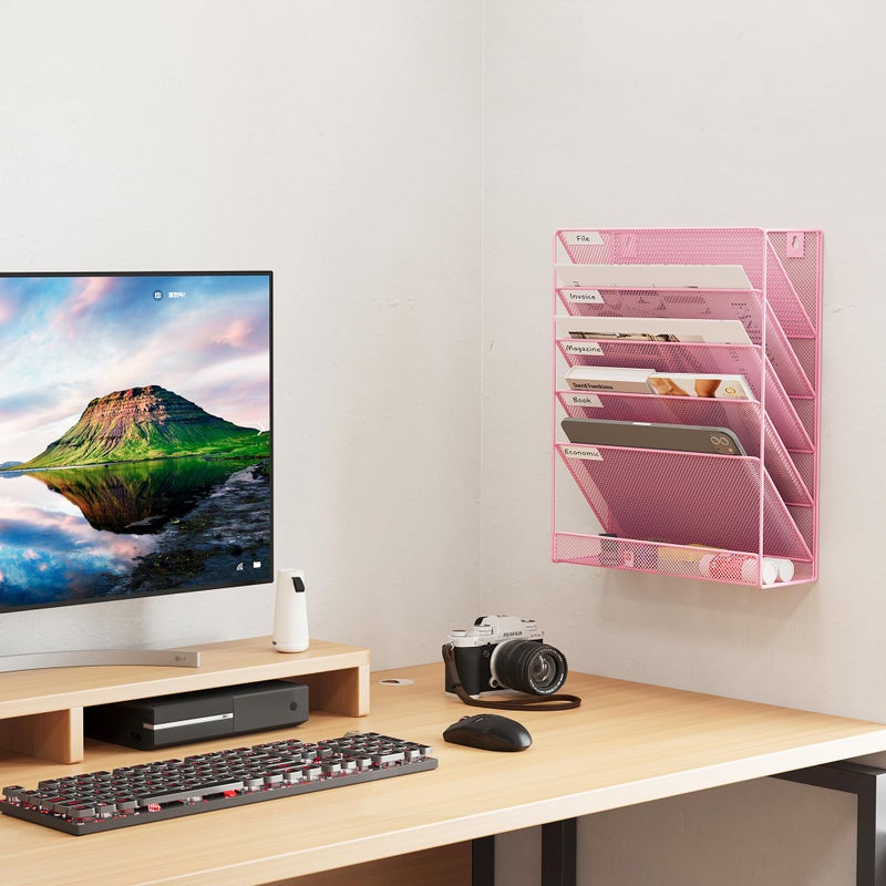 EasyPAG 5 Tier Wall File Holder, Mesh Hanging Folder Organizer with Classify Label, Versatile Desk File Holder, Vertical Wall Mounted Mail Organizer for Office Home Cubicle, Pink - Image 5